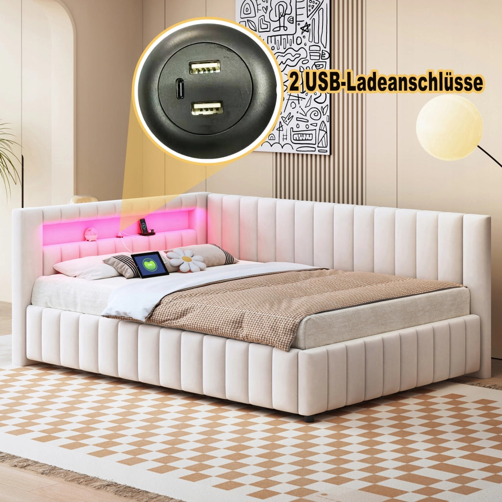 Letto imbottito con LED e USB - Xylo - 140x200 - Beige