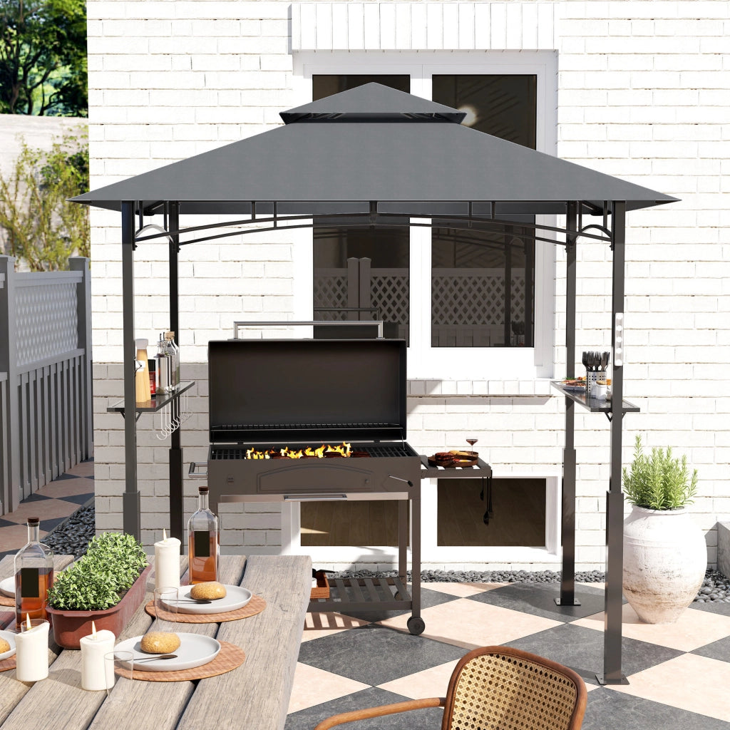 Gazebo da barbecue con tetto doppio in metallo grigio scuro con ripiani luce LED e ganci 248 × 243 × 148 cm