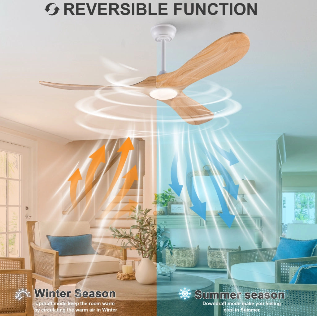 Ventilatore da soffitto 132 cm con tre pale in legno massello, luce LED regolabile 3CCT, telecomando e 6 velocità