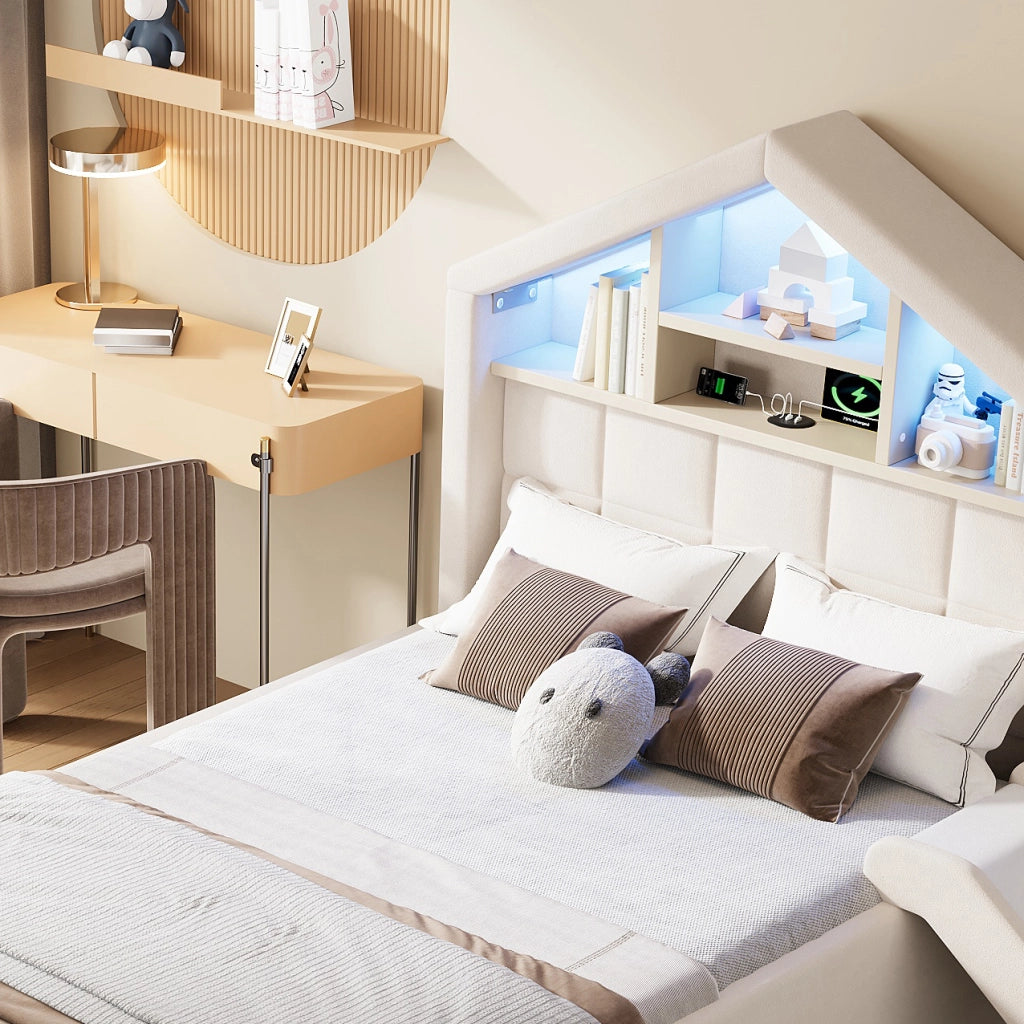 Letto per bambini imbottito 90 × 200 cm con scivolo montabile LED porta di ricarica e vano contenitore beige
