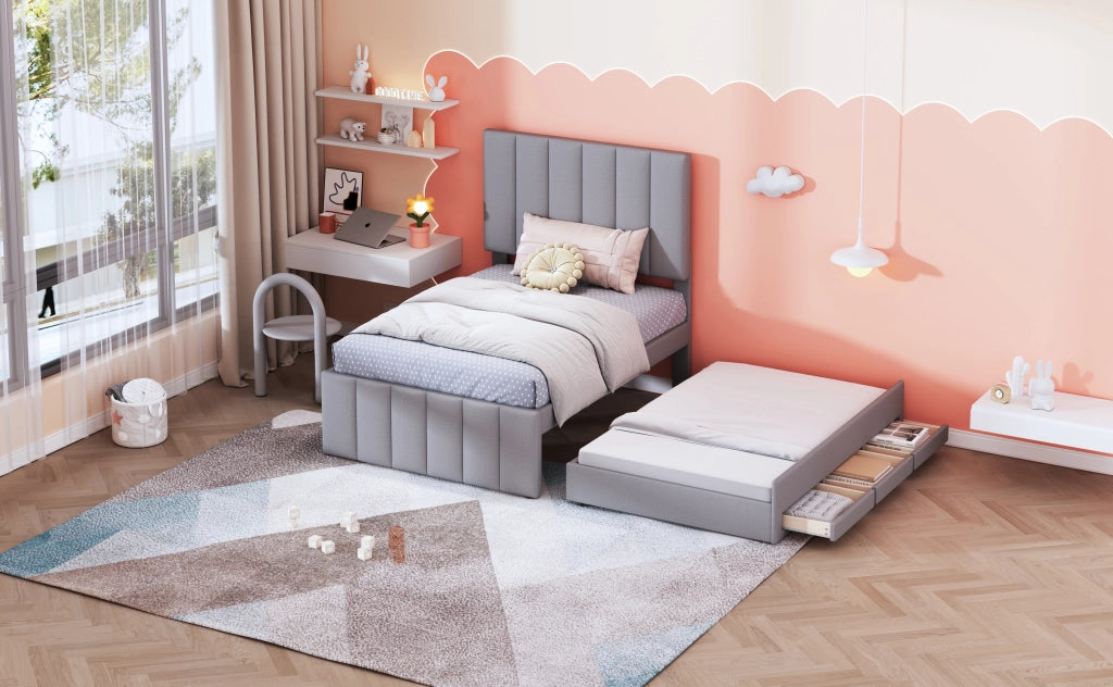 Letto imbottito singolo 90 ¡Á 200 cm con letto estraibile 3 cassetti testiera regolabile cotone e lino grigio