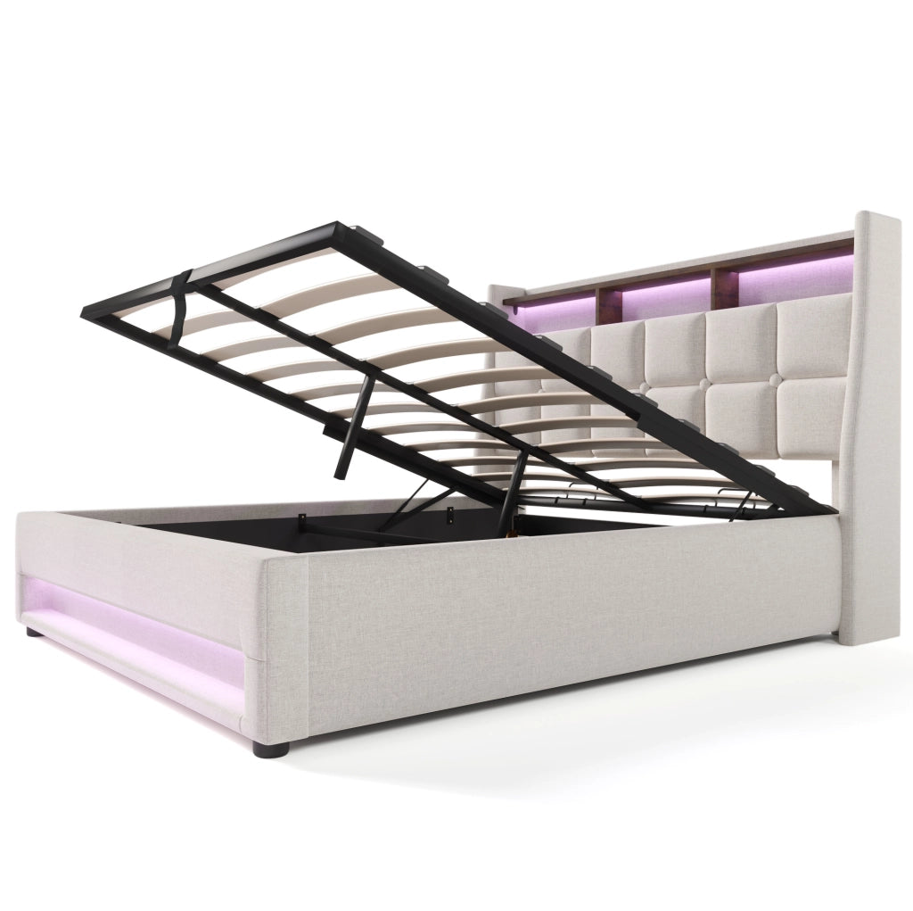 Letto imbottito 140x200 cm con LED; USB e contenitore; beige chiaro