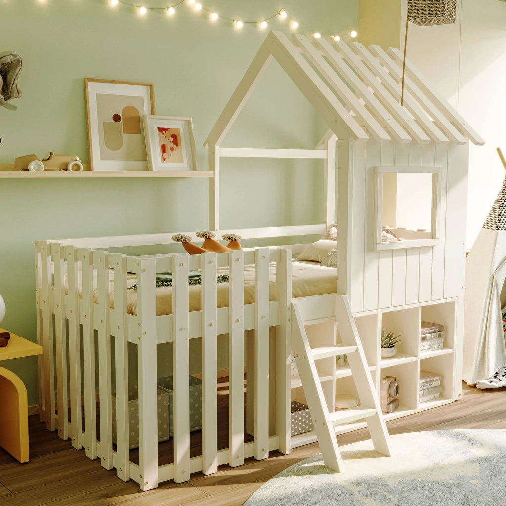 Letto casetta per bambini 90x200 in legno massello; rialzato con scala; contenitore e struttura bianca
