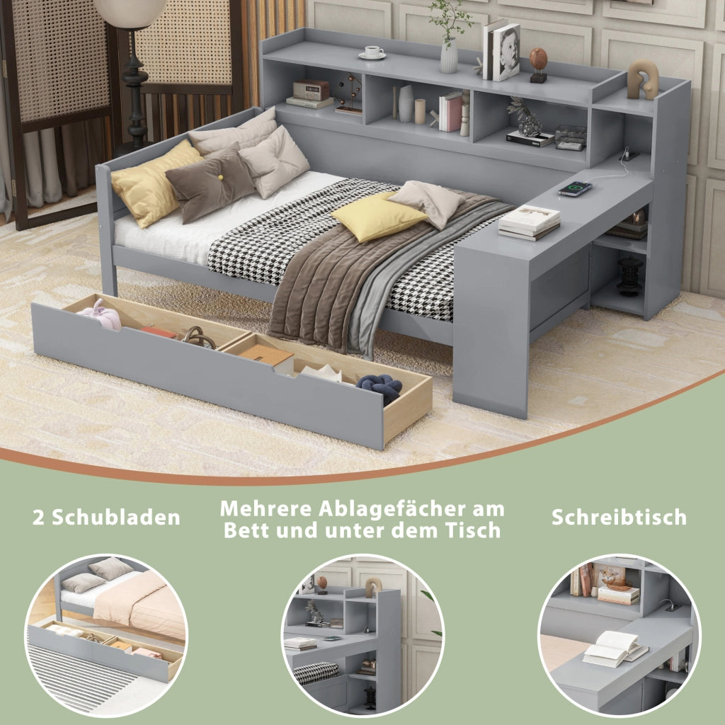 Letto singolo 90 ¡Á 200 cm con scrivania prese USB e ricarica 2 cassetti pannelli di particelle e MDF grigio