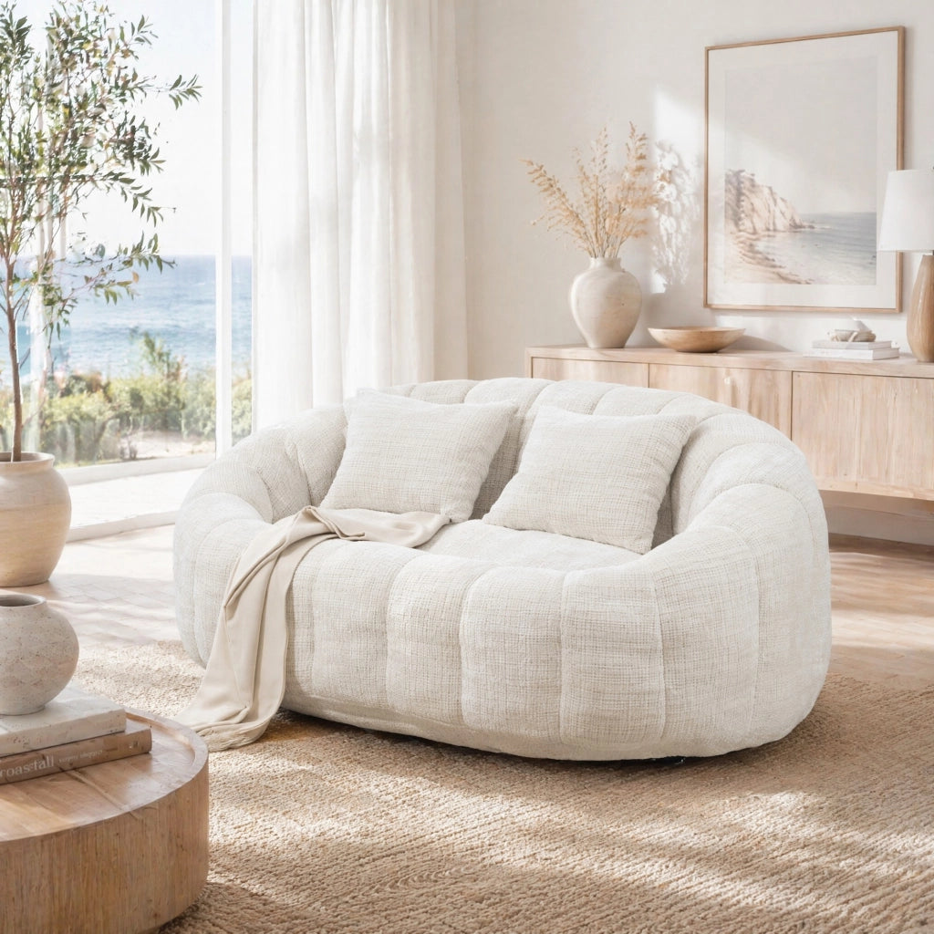Divano 2 posti da pavimento con braccioli in ciniglia beige imbottito in schiuma per soggiorno e camera da letto