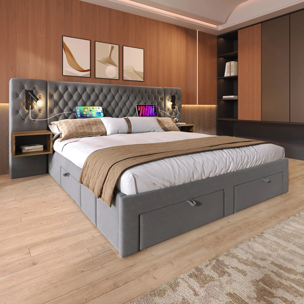 Letto con cassetti 180 × 200 cm con 2 comodini lampade da lettura USB e Type C rivestito in velluto grigio