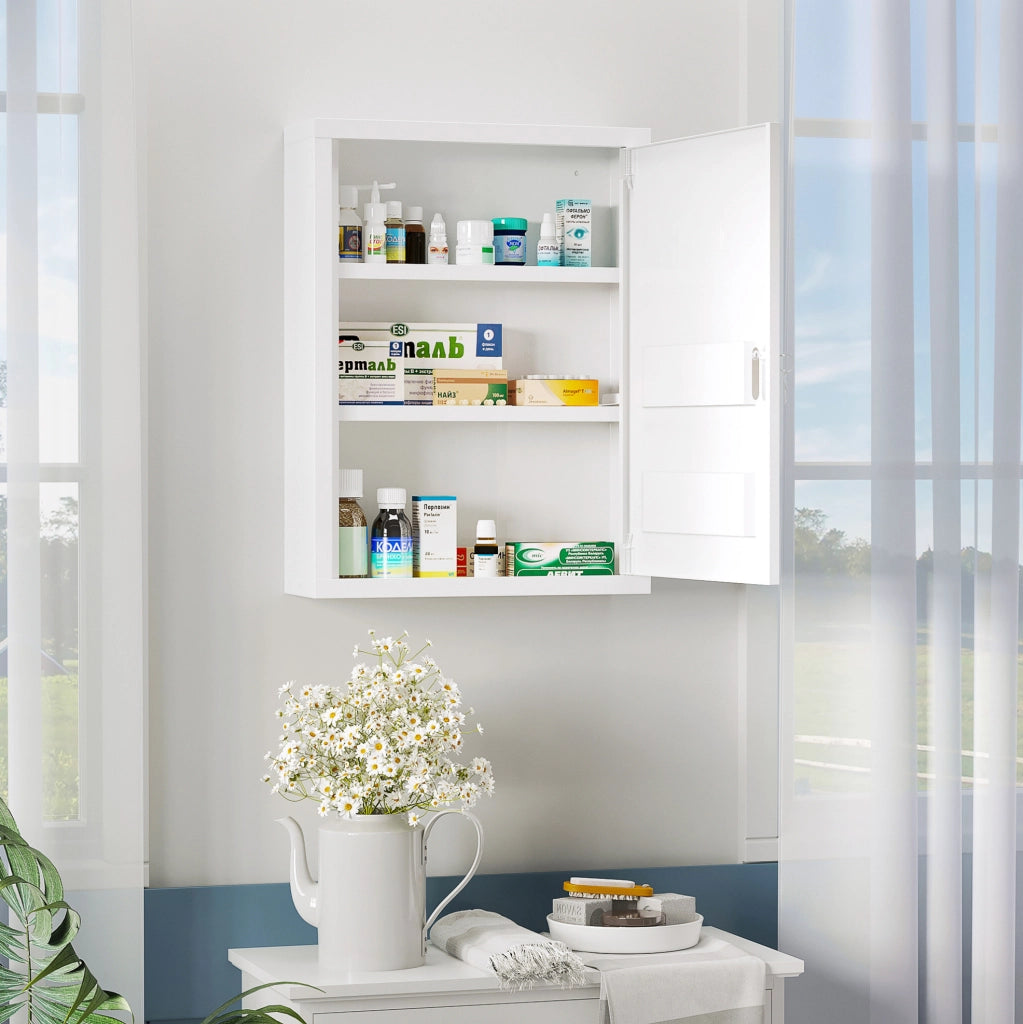 Mobiletto da Parete in Acciaio Bianco con Serratura e 2 Chiavi 40x15x53,5 cm per Bagno e Cucina