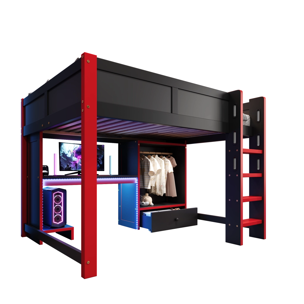 Letto a soppalco 140x200 cm con scrivania integrata; armadio e scaffali; gaming nero e rosso