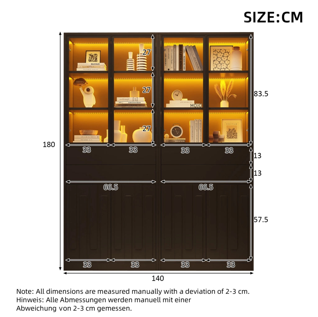 Set di 2 Vetrine Nero 70×34×180 cm in Truciolato con 2 Ante in Vetro, 2 Cassetti e Illuminazione LED Bluetooth