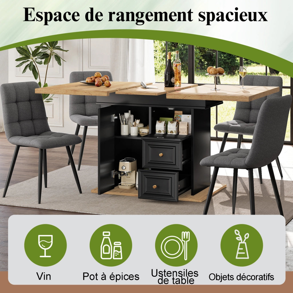 Tavolo da pranzo 6 posti con 1 porta; 2 cassetti e vano; piano allungabile per cucina e soggiorno in MDF e metallo naturale
