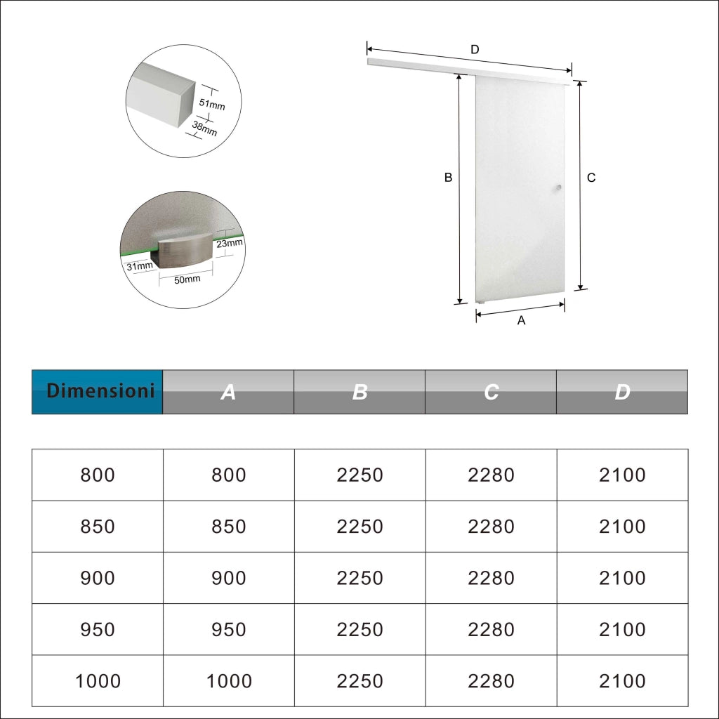 100x225 cm Porta Scorrevole in Vetro da 8 mm Temperato Opaco con Pellicola Anti-frantumi con Binario in Alluminio Bianco Verniciato