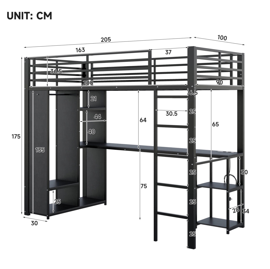 LETTO a Soppalco 90x200 cm con Scrivania e LED Nero