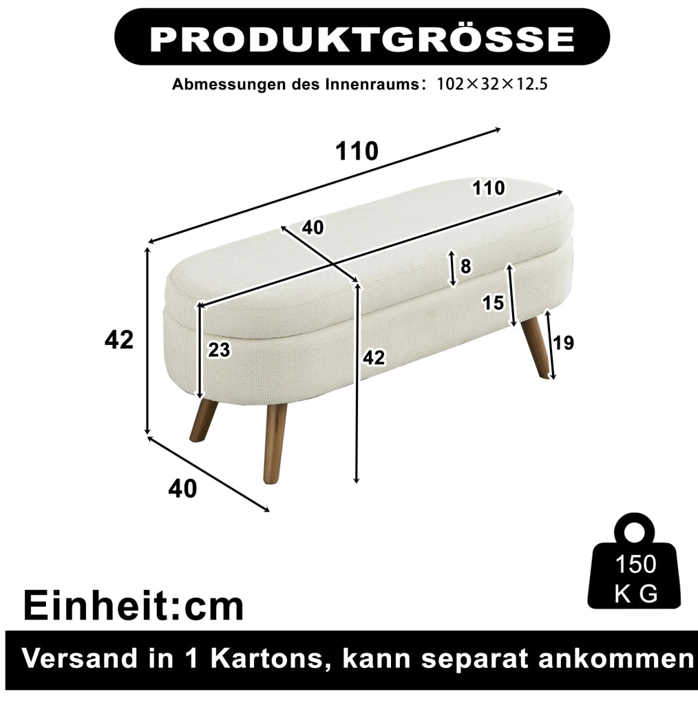 Panca Contenitore in Chenille 110 cm con Vano Ventilato Beige per Camera da Letto; Ingresso e Soggiorno