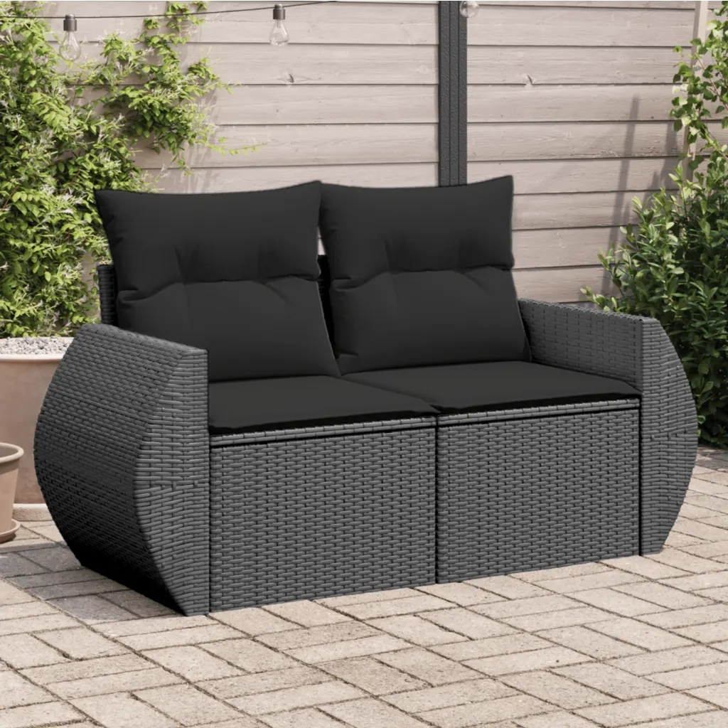 Divano da giardino con cuscini 2 posti nero in polyrattan 365991