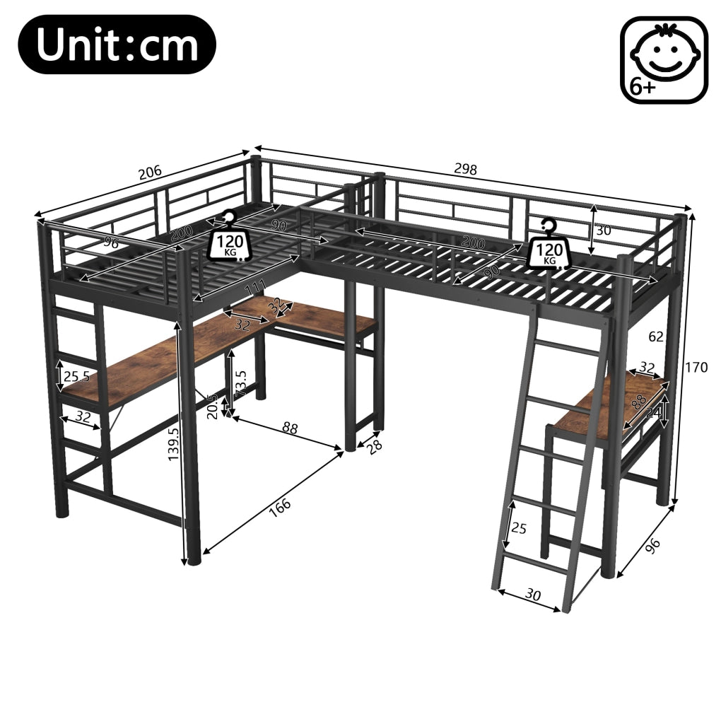Letto a soppalco 90x200 cm con scrivania; doppia scala e sponde alte nero HOMVRA