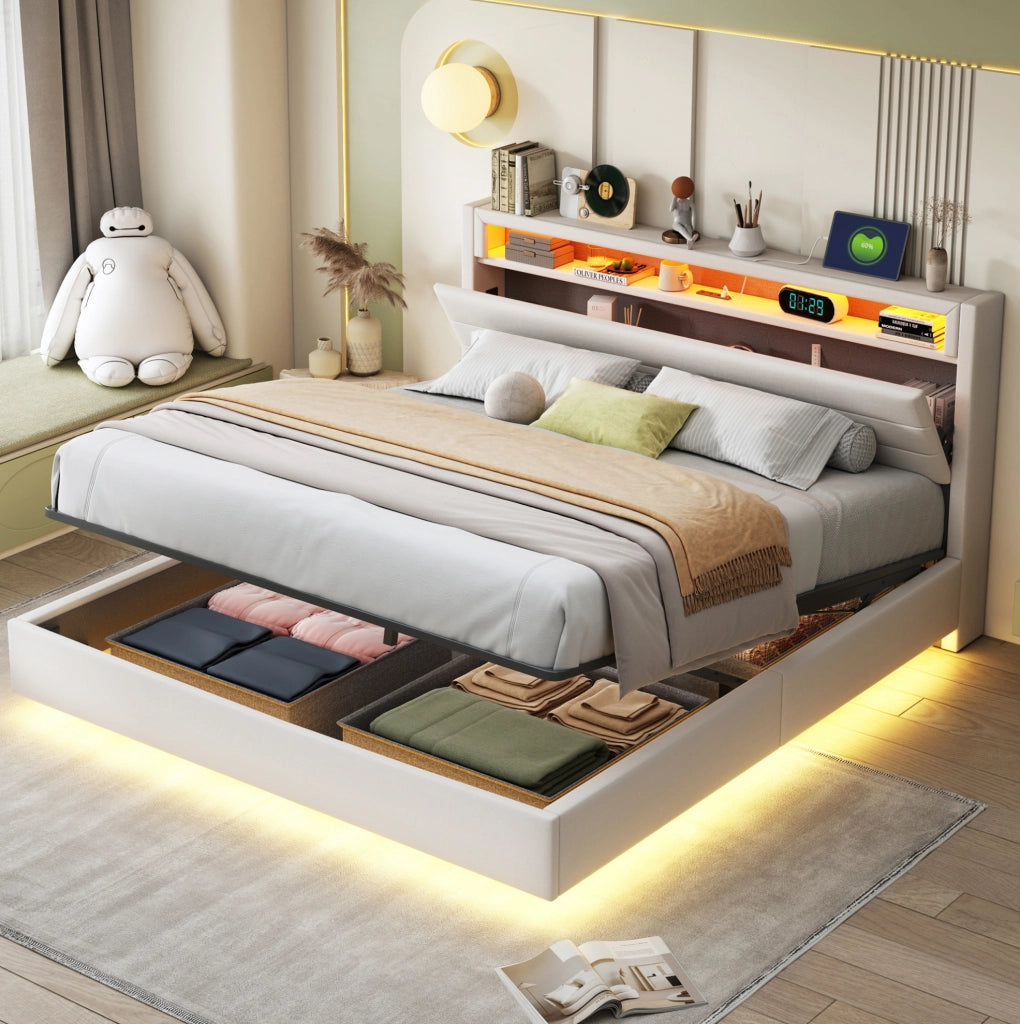 Letto imbottito 160 x 200 cm beige con contenitore idraulico, USB e LED