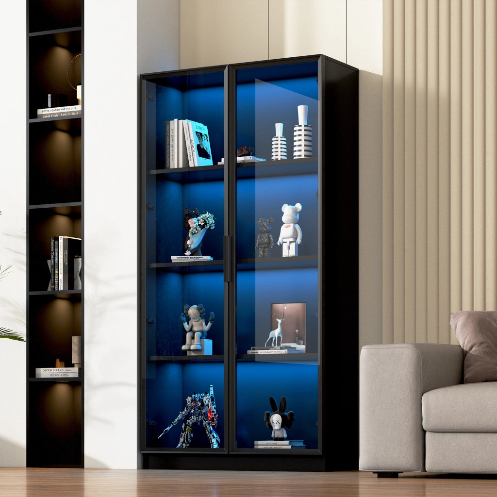 Vetrina con ante in vetro e telaio in alluminio; ripiani regolabili; illuminazione LED controllabile tramite app; nera