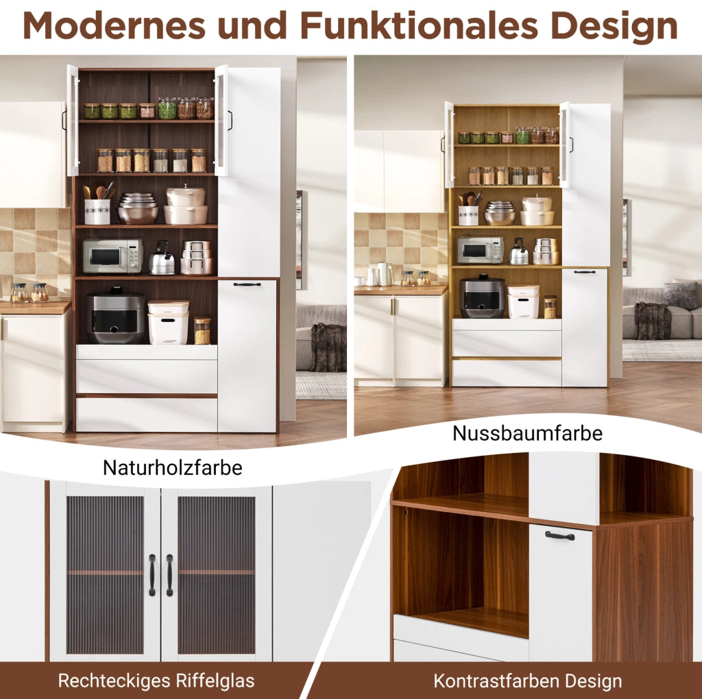 Highboard in MDF Weiß und Nussbaum mit verstellbaren Regalböden, Schubladen und Riffelglas, 100x40x200 cm, ideal für Esszimmer und Küche