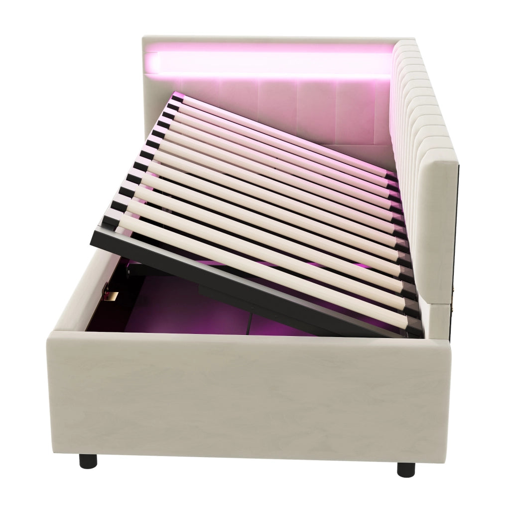 Letto sofà imbottito 90x200 cm con LED, contenitore idraulico, rivestimento in velluto beige