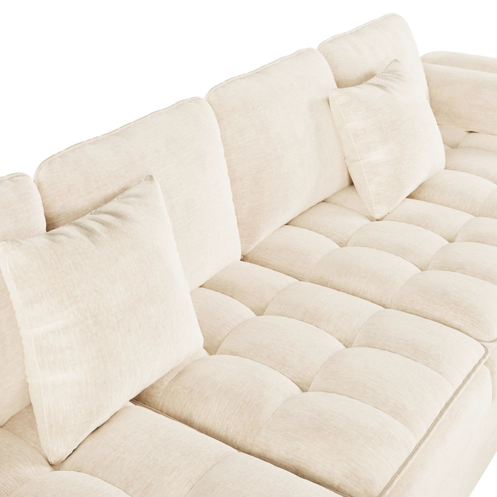 Divano angolare a U 4-5 posti - con 2 chaise longue e 2 cuscini - in chenille beige