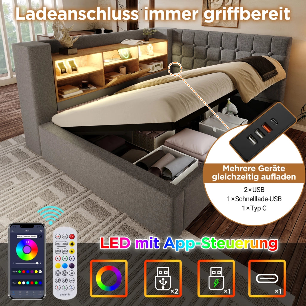 Letto imbottito con contenitore e illuminazione LED