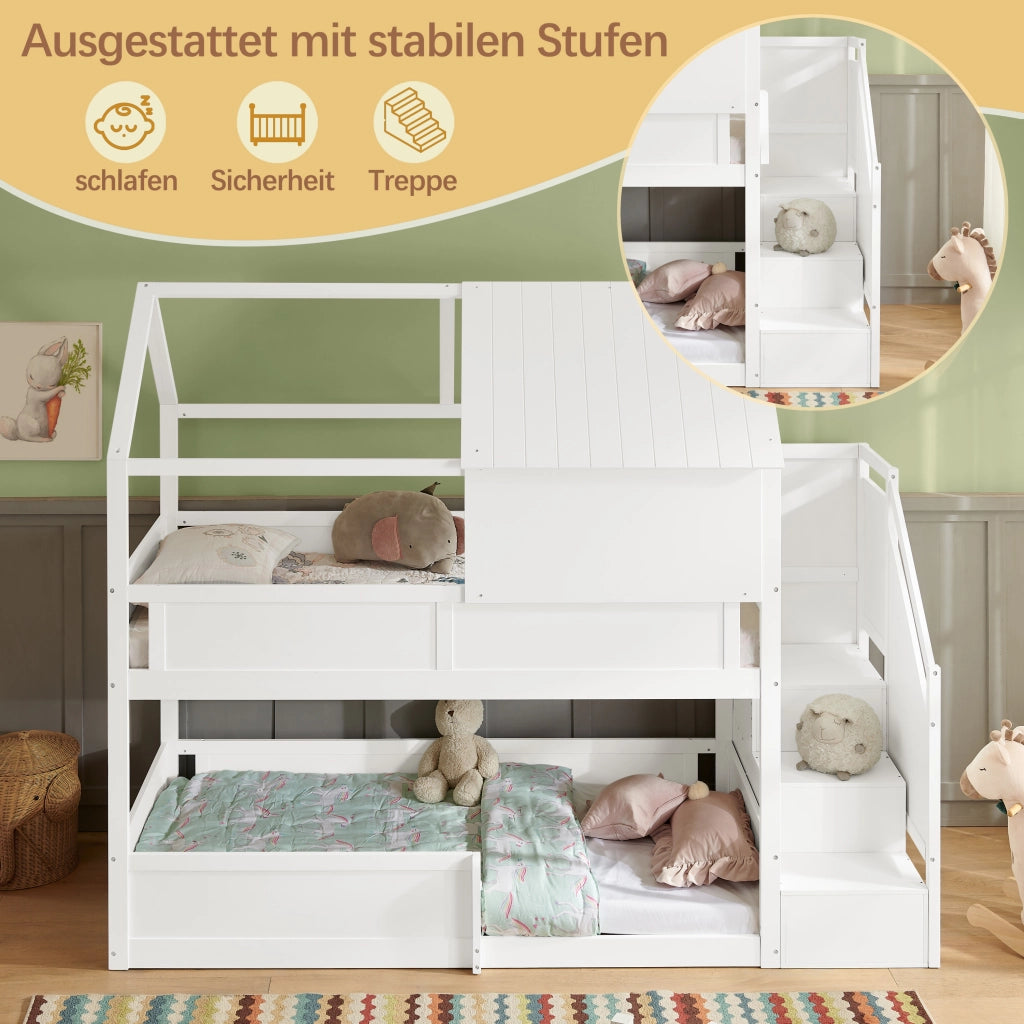 Letto a castello per bambini in legno bianco con scala laterale e struttura a tetto