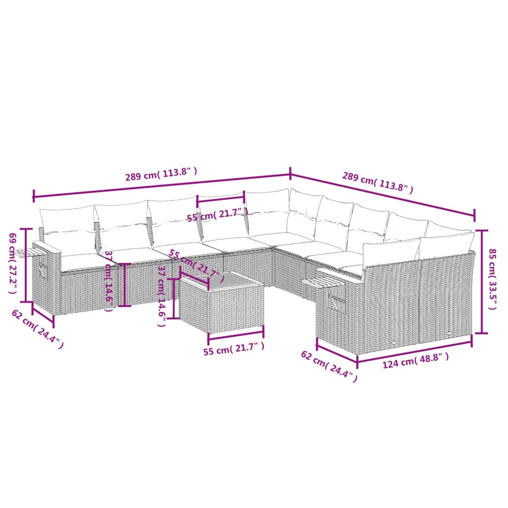 Set Divani da Giardino 11 pz con Cuscini in Polyrattan Nero