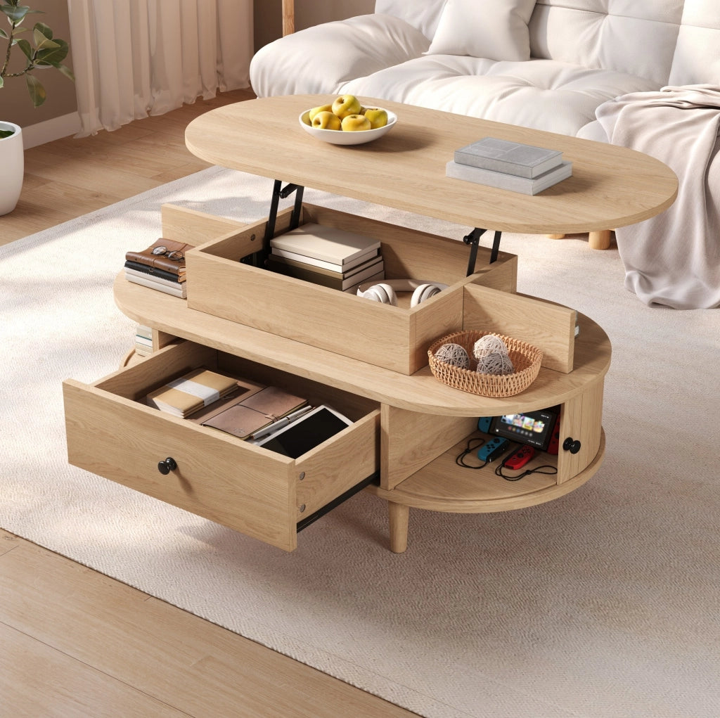 Tavolino da salotto ovale con piano sollevabile 105x50 cm; cassetto e ante scorrevoli naturale HOMVRA