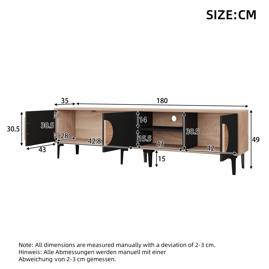Mobile TV 180x35x49 cm con 3 ante e vani aperti; rovere e nero per TV fino a 80 pollici