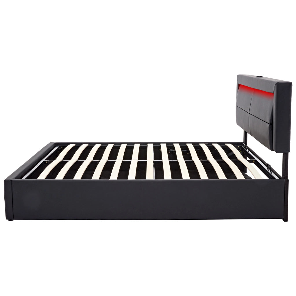 Letto contenitore 140x200 cm in similpelle nera con LED e ricarica USB e wireless