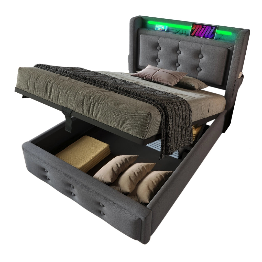 Letto singolo 90x200 cm con materasso; testiera LED; prese USB e contenitore; grigio