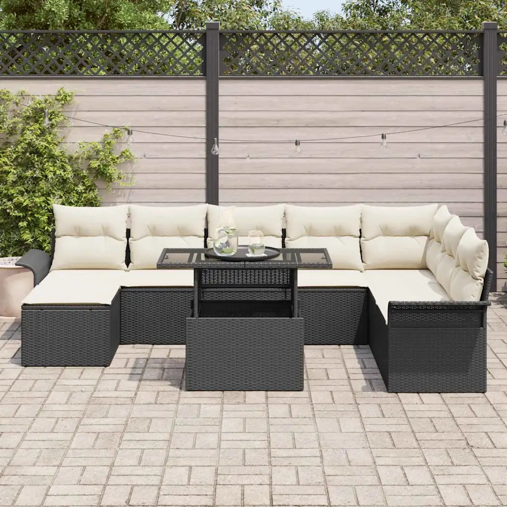 Set Divano da Giardino con cuscino 9 pcs Nero polyrattan