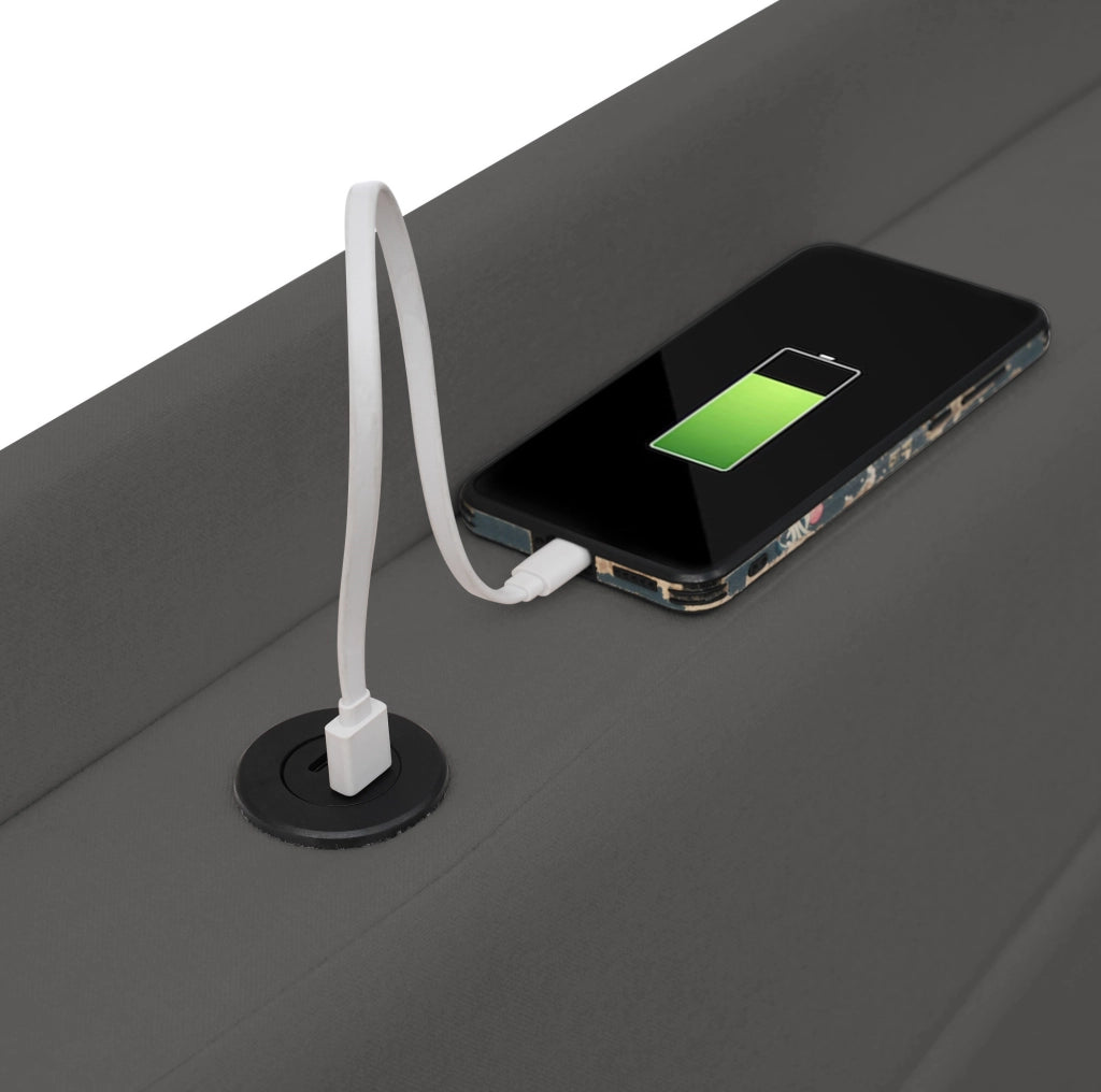 Letto 140x200 cm con contenitore e porte USB/USB-C in cotone e lino grigio