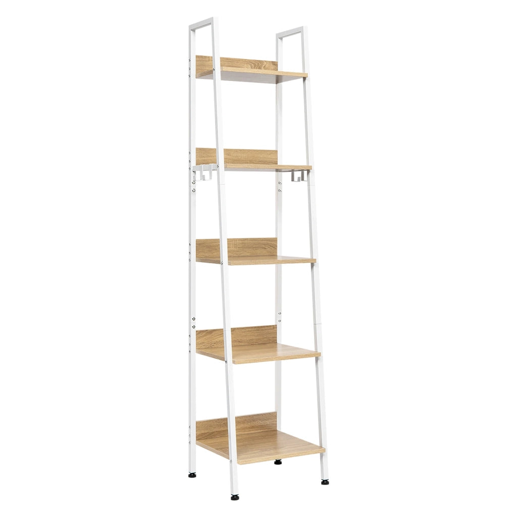 Scaffale contenitore 40x36x170 cm con 5 ripiani e ganci in MDF e metallo nero bianco rovere chiaro