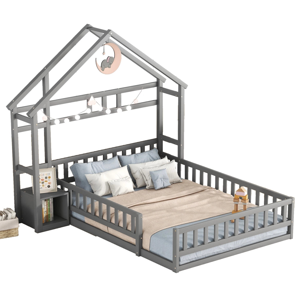 Letto a Casetta 140x200 cm in legno di pino con Sponde di Sicurezza Grigio