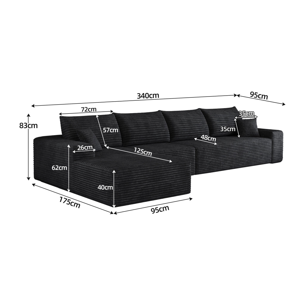 Divano 340x175x83 cm in tessuto nero a coste; imbottitura in schiuma elastica; senza attrezzi