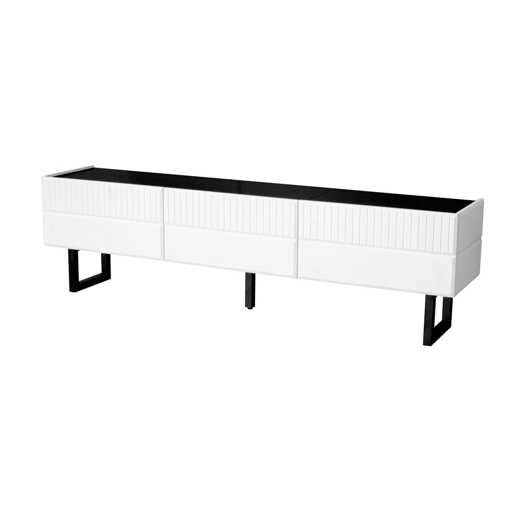 Mobile TV con cassetti; gambe in ferro e piano lucido in MDF e pannello truciolare nero e bianco 170 × 35 × 47 cm