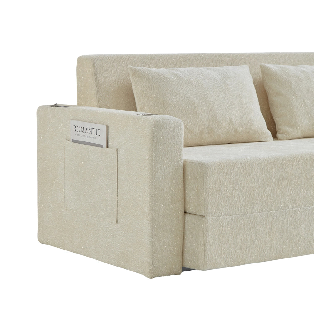 Divano letto 2 posti pieghevole 2 in 1 in ciniglia beige con porte USB HOMVRA