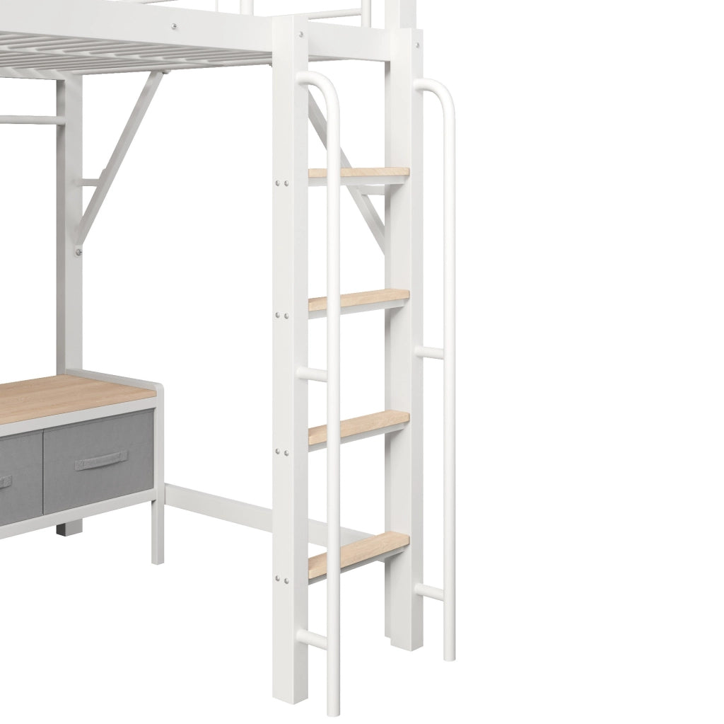 Letto a soppalco ULEVR 140x200 cm con scrivania, ripiani, LED, USB e cassetti in tessuto, bianco