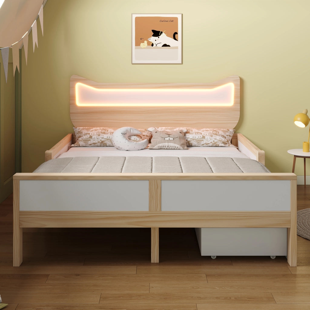 LETTO Bambini 140x200 cm Testiera gatto RGB LED Bianco e Rovere