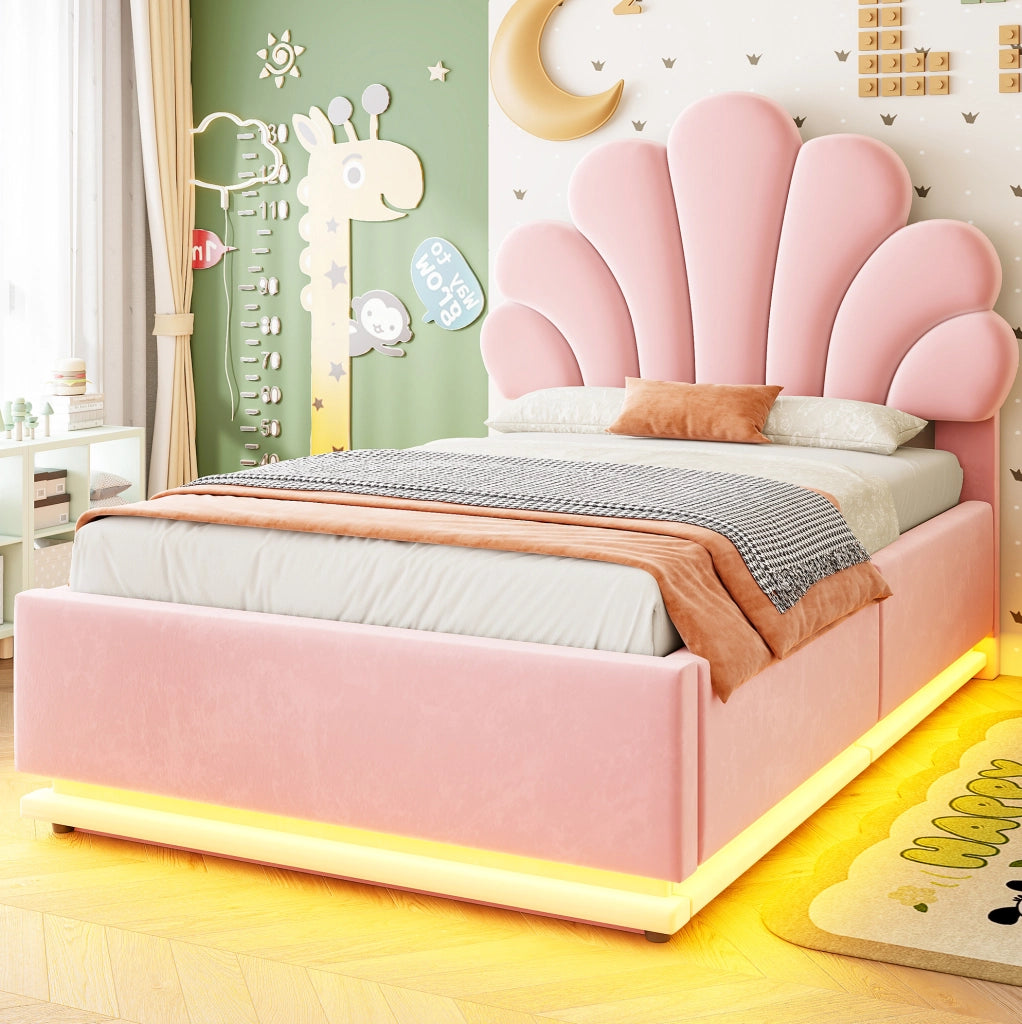 Letto imbottito 90 × 200 cm con contenitore idraulico e LED; velluto rosa