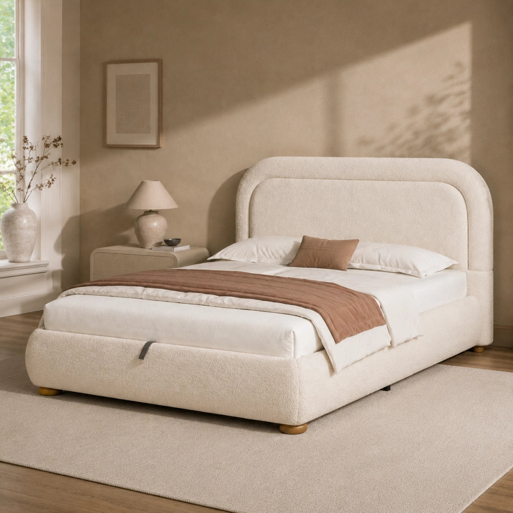 Letto matrimoniale contenitore 140x200 cm in bouclé beige con rete a doghe HOMVRA