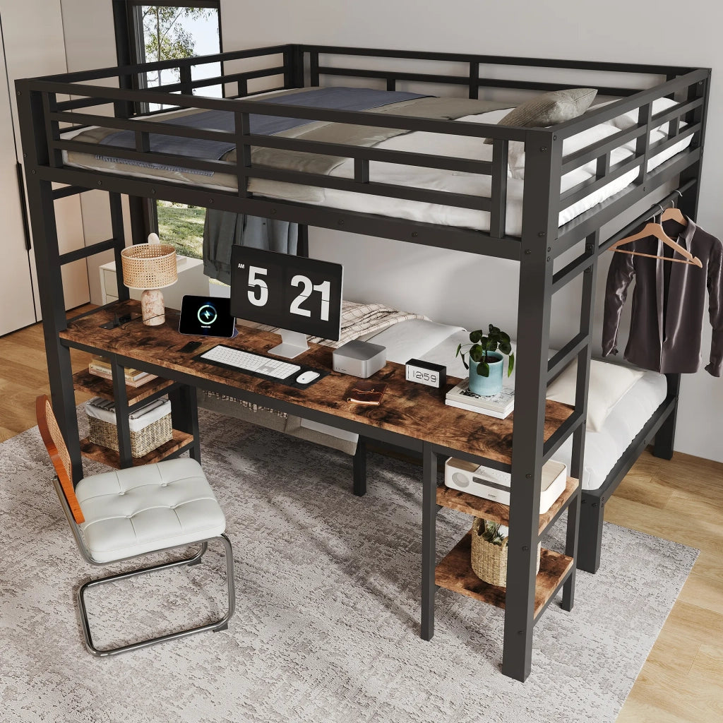 Letto a castello in metallo nero 140x200/90x200 cm con scrivania, appendiabiti, scala bilaterale e stazione di ricarica integrata