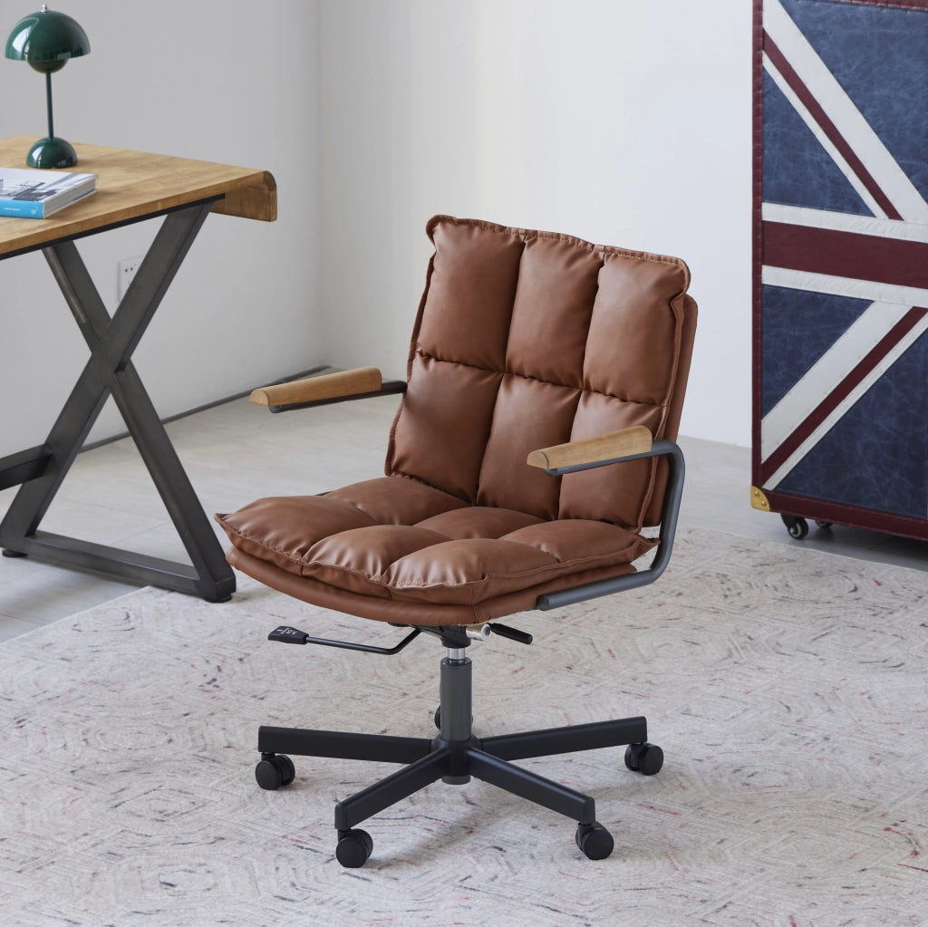 Sedia da ufficio ergonomica regolabile e girevole in pelle; marrone