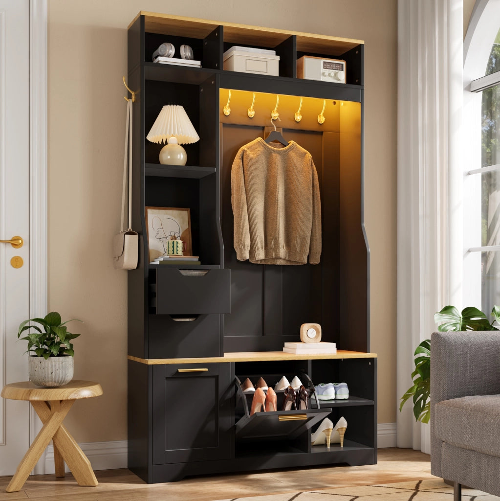 Armadio da ingresso con panca; scarpiera e LED regolabile tramite app; 100x32x186 cm; nero