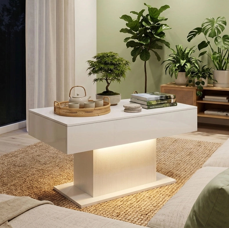 Tavolino da salotto con LED RGB e 2 cassetti bianco lucido HOMVRA