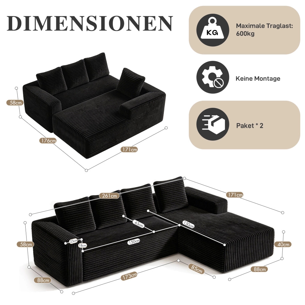 Divano modulare a L con chaise longue reversibile in velluto a coste nero