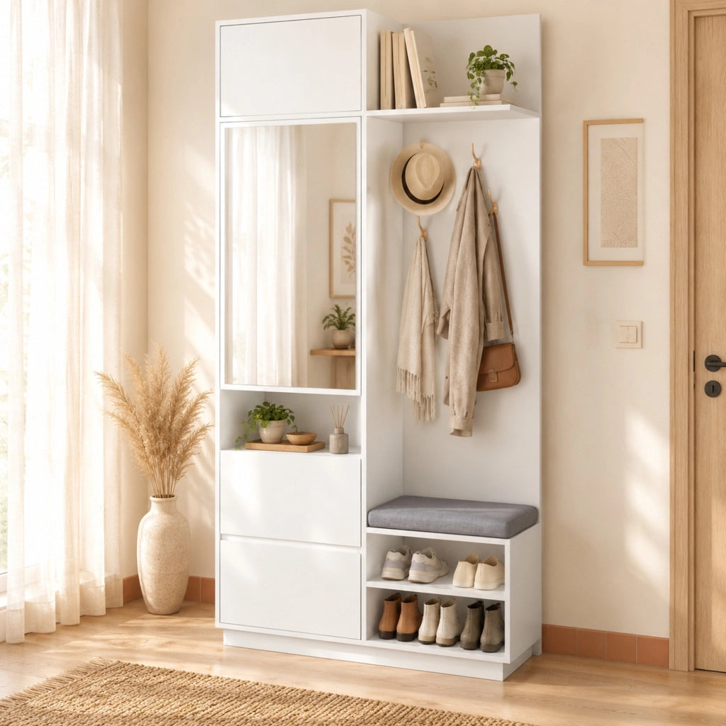Guardaroba da ingresso compatto 5 in 1 bianco in MDF