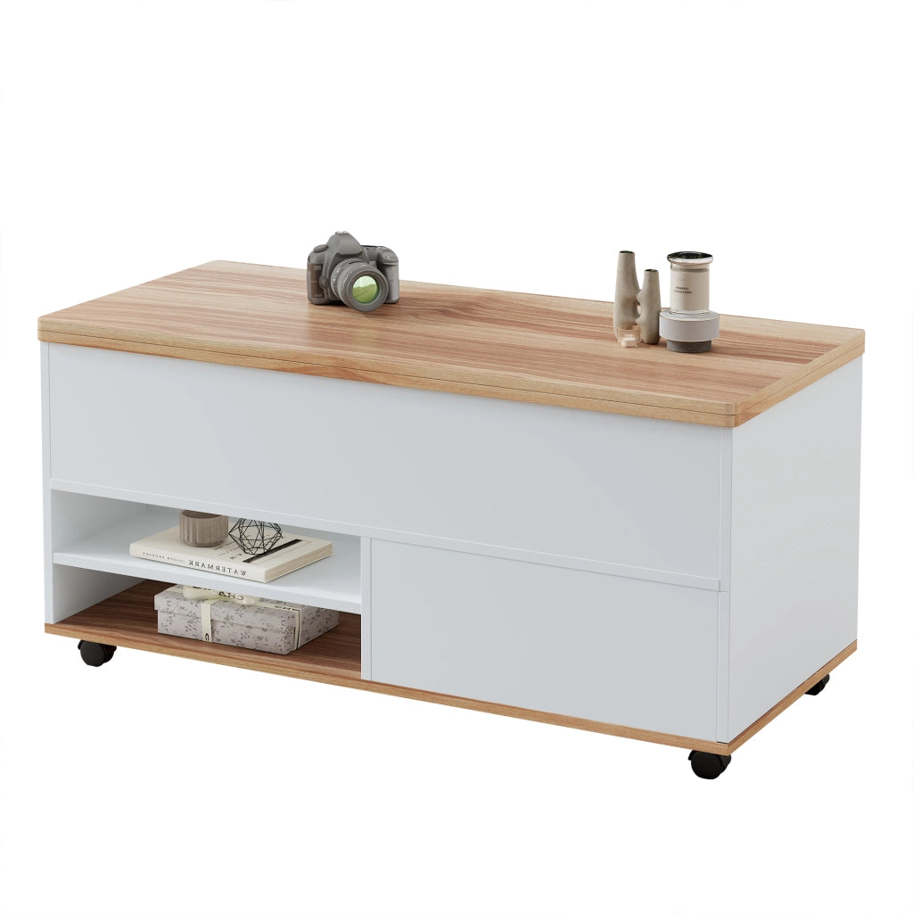 Tavolino trasformabile idraulico 100x98x65 cm con contenitore e ruote; bianco naturale
