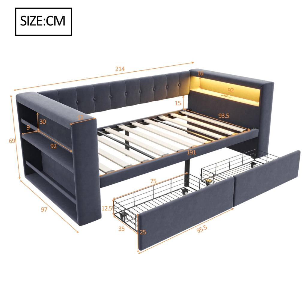Divano letto 90 x 190 cm, letto singolo con illuminazione LED, porte USB, 2 cassetti spazioso, tessuto flanella grigio scuro, rete a doghe inclusa